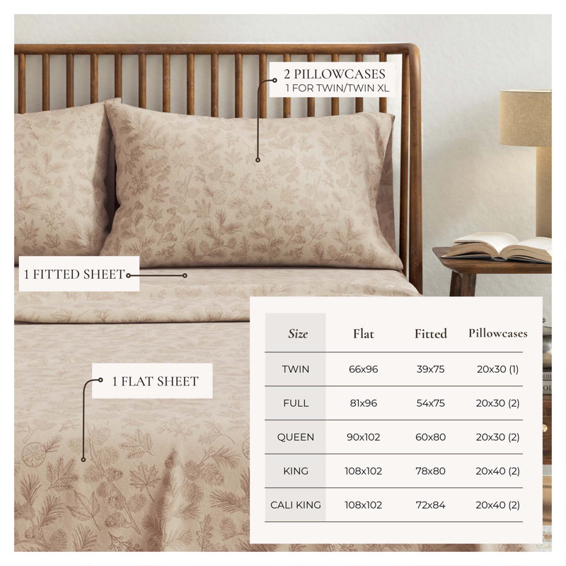 100% Turkish Cotton Flannel Lodge Sheet Sets, Twin Sheet Set with 1 Pillowcase, Branches