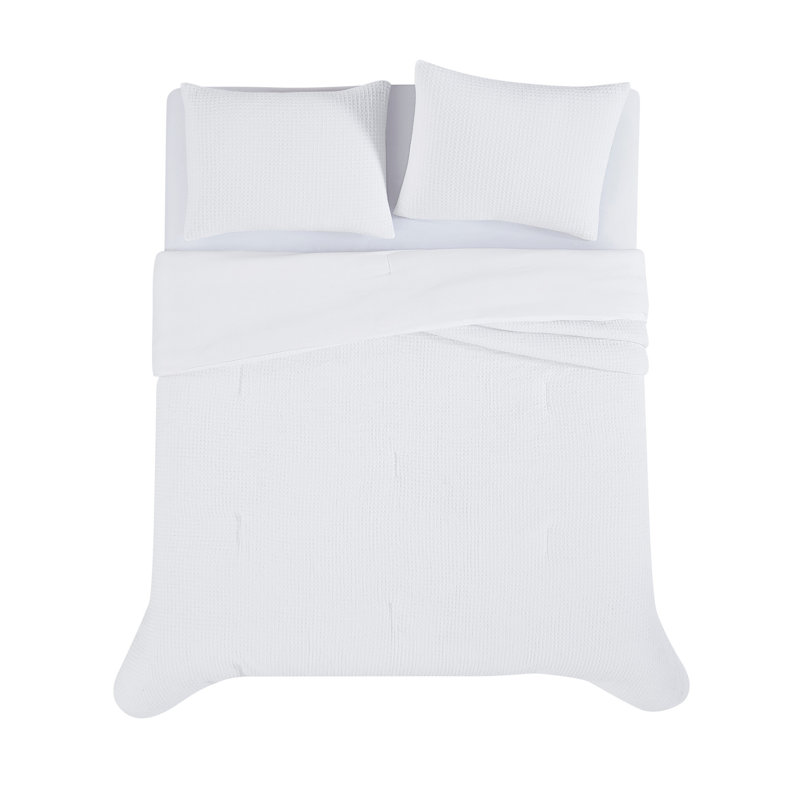Textured Waffle Weave Comforter Set, White, Queen Comforter +2 Standard Shams