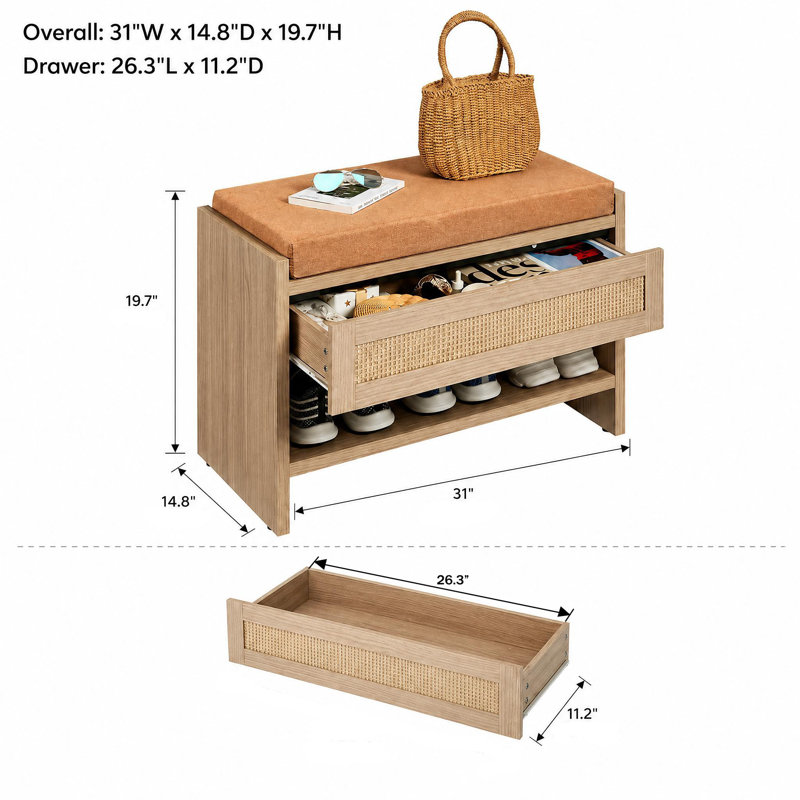 Banc de rangement pour chaussures 2 pièces avec tiroir et coussin en lin 2 pièces Farmhouse