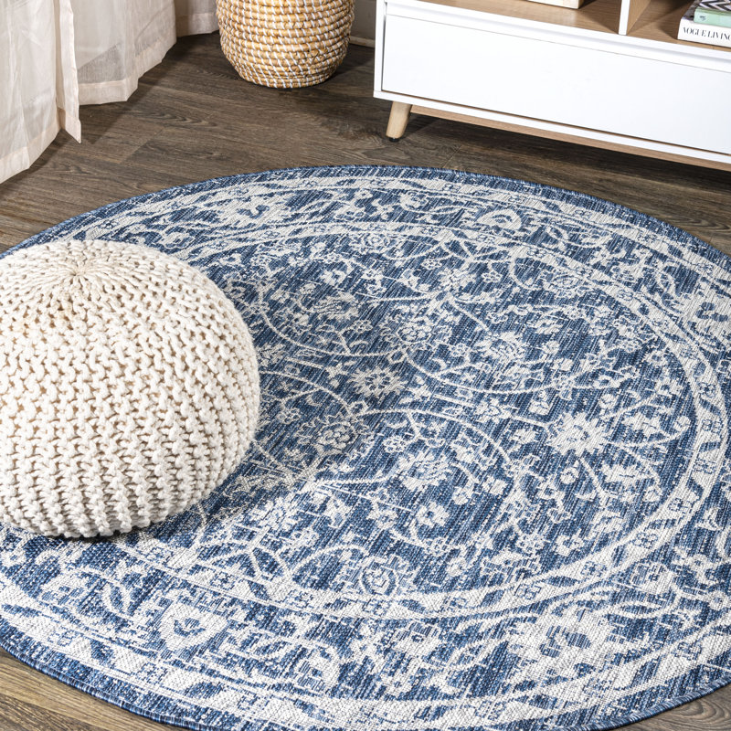 Haupt Vine and Border Textured Weave Navy/Gray Indoor/Outdoor Rug, Round 5'3"