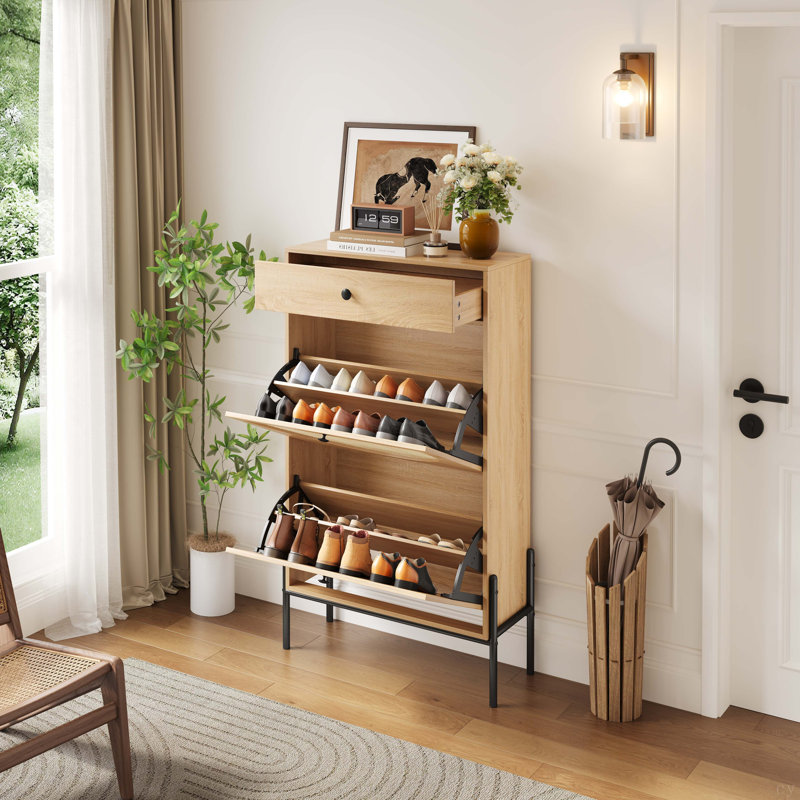 2-Door Shoe Storage Cabinet With Rattan Fronts & Drawer / Freestanding Entryway Organizer With Adjustable Shelf, Wood