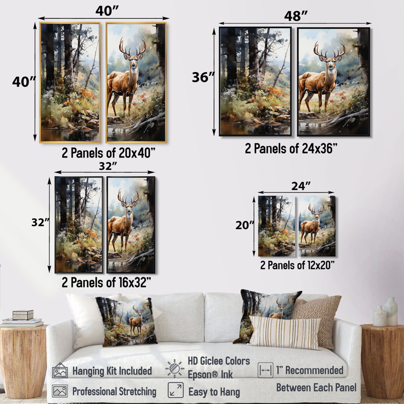 Chevreuil gracieux - ensemble d'art mural brun de 2, 32" H x 32" W, Impression encadrée flottante, Brown