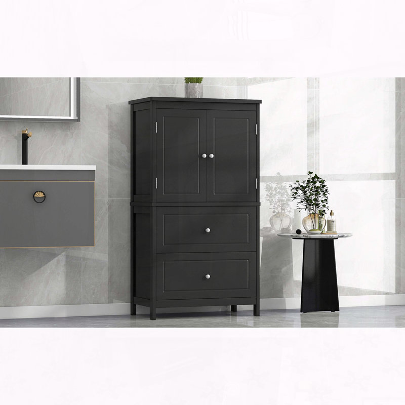 Storage Cabinet with Two Doors, Two Drawers, and Adjustable Shelf, Noir