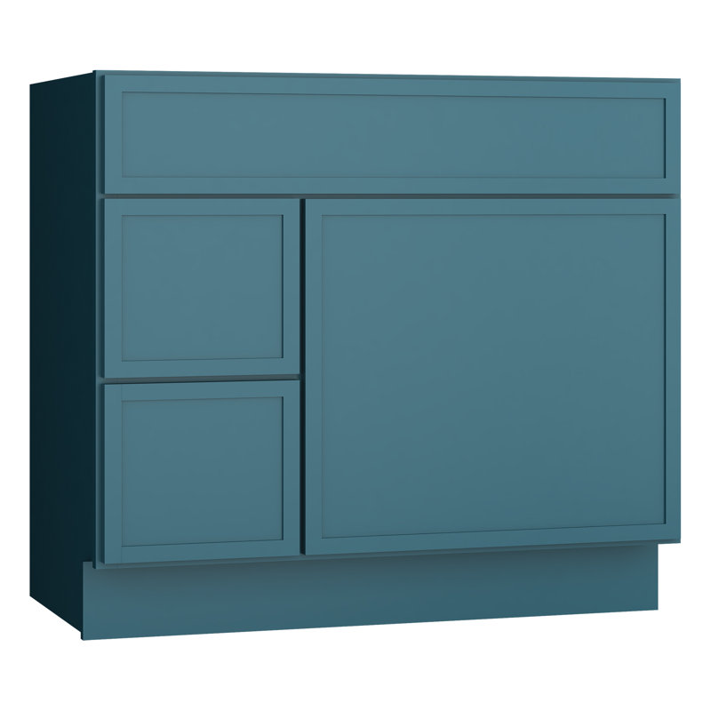 Armoire de salle de bain autoportante Shaker de 36 po avec 1 porte et 2 tiroirs, sans comptoir, prête à assembler, vert mer Colton