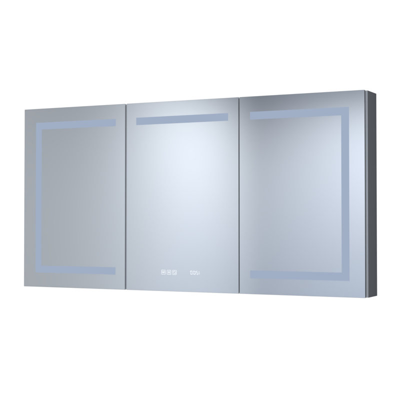 Armoire à pharmacie 60 po x 30 po de haut rectangulaire en aluminium encastrée / à fixation en surface avec miroir, éclairage DEL et horloge, argent