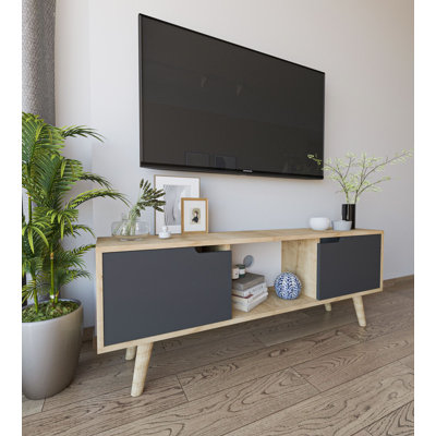Meuble télé pour téléviseur de 58 po ou moins avec tablettes ouvertes et pieds en bois