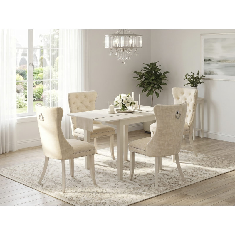 Ensemble de table de salle à manger 5 pièces comprenant une table de cuisine rectangulaire avec Dropleaf et 4 chaises rembourrées, lin blanc