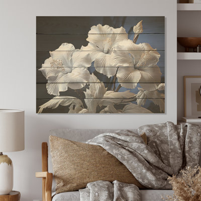 White Hibiscus Flowers Illuminated By Moonlight - Hibiscus Wood Wall Art On Natural Pine Wood