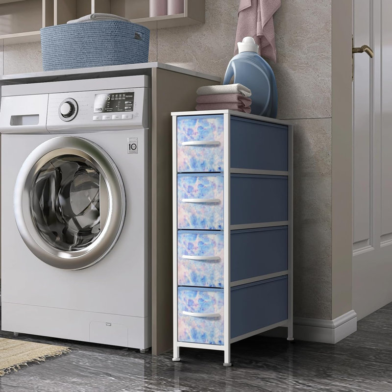  4 Drawers Narrow Dresser with Steel Frame, Wood Top & Fabric Bins in Tie Dye, Blue