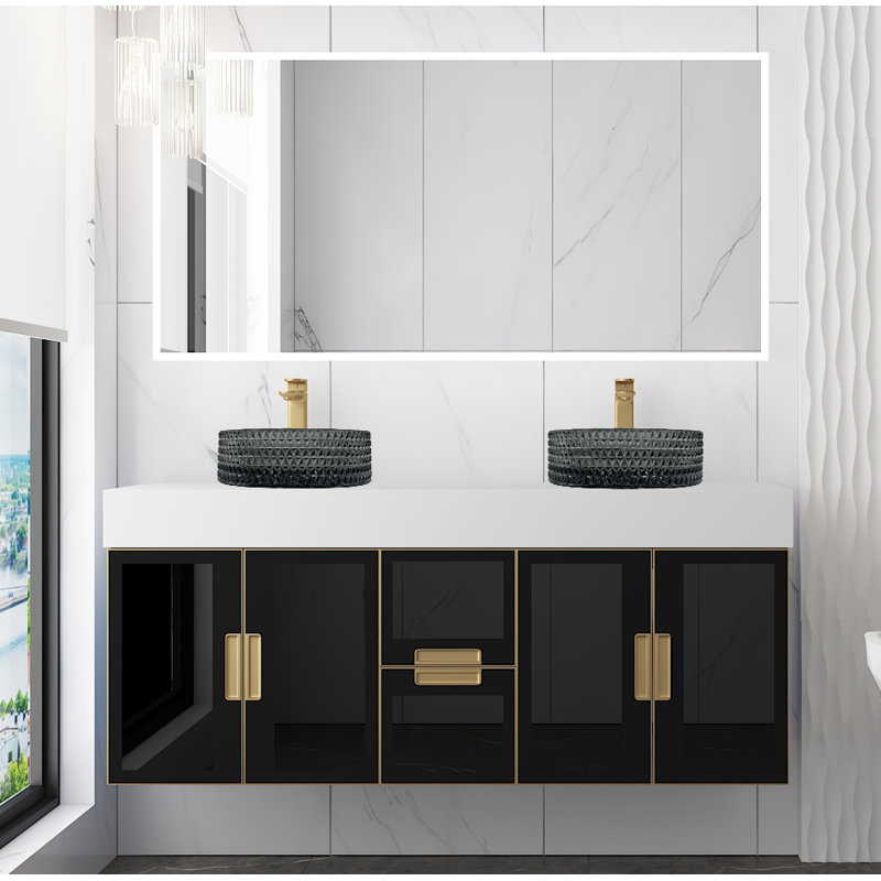 Meuble-lavabo mural moderne de luxe avec comptoir à surface solide de 60 po et lavabo vasque rond en verre, Noir clair
