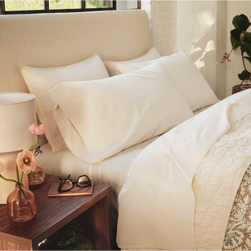 Ensemble de draps en percale organique froissé, Non teint, Ensemble de draps pour lit double avec 2 taies d'o