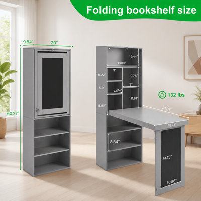 Folding Desk with Storage, Chalkboard, and Shelves, Foldable Wall-Mount Design