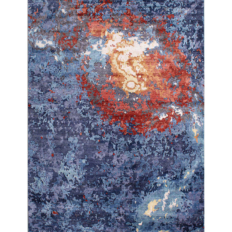 Tapis gris anthracite et bleu noué à la main de haute qualité, Rectangle de 10 pi x 14 pi