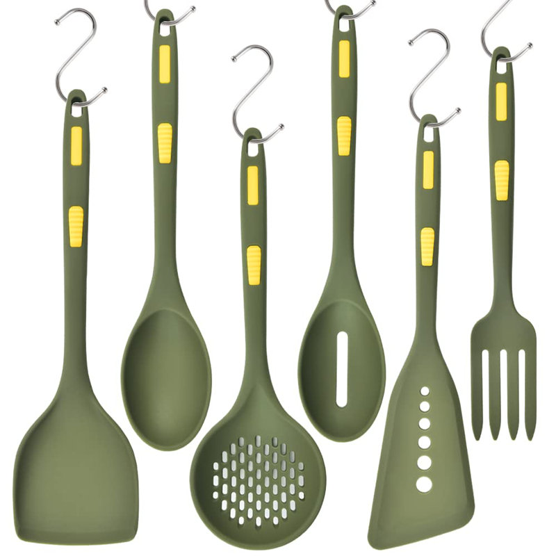 Dark Green Silicone Cooking Utensils Set with Hooks