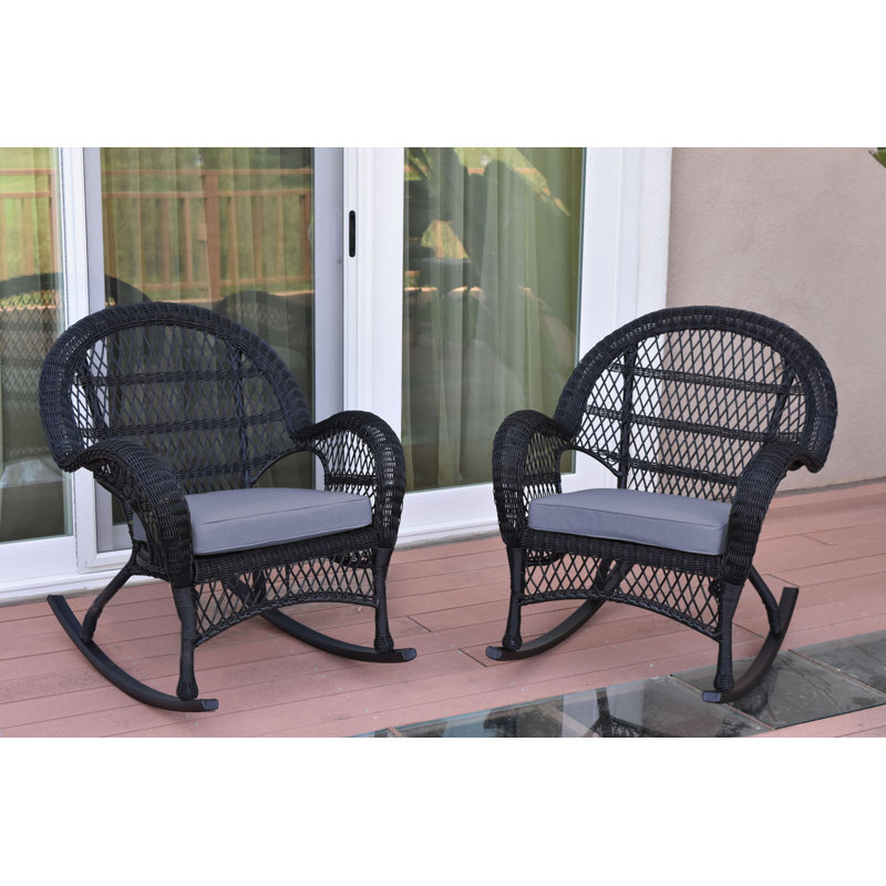 Chaise berçante en osier avec coussins Berchmans, Bleu acier, Noir