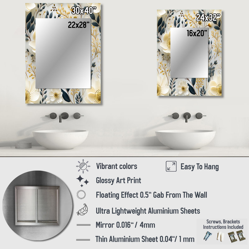 Patrie scandinave jardin fleur tourbillon - miroir mural floral, miroir décoratif de chalet, art imprimé en métal