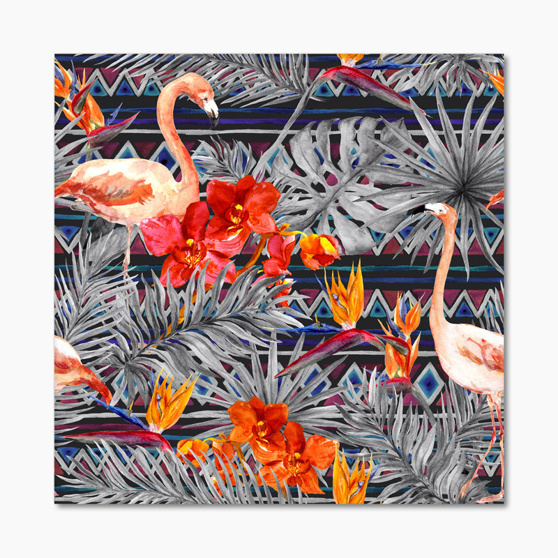 Flamant rose et fleurs exotiques oranges - peinture sur toile, H 30 po x l 30 po, Toile tendue