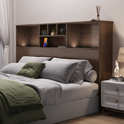 Modern Wooden Bookcase Headboard with Adjustable LED Lights & Charging Station – Queen & King Sizes, Scroll Down for Assembly Video