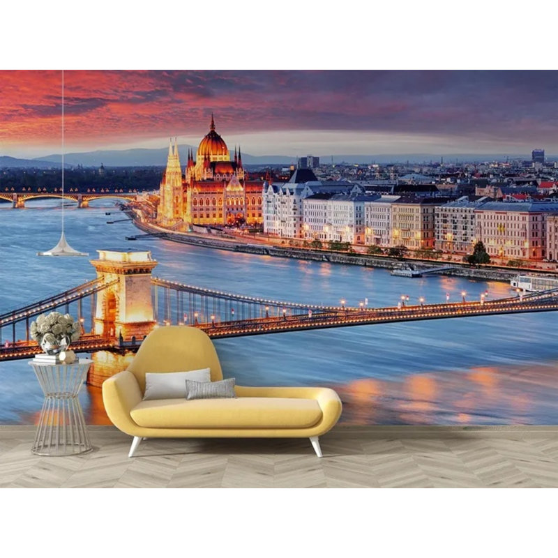 Murale de papier peint coucher de soleil sur la rivière du Parlement de Budapest, L 96 po x l 108 po