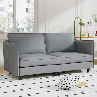 2 sièges Mid-Century 76,01 po modernes pour petits espaces, chambre à coucher, bureau, tissu gris, structure en bois massif, coussins à ressorts ensachés, assise relaxante, accoudoirs avec télécommandes latérales,