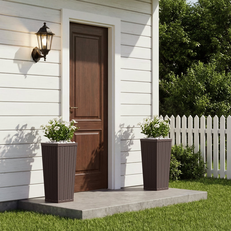 2-piece Premium Imitation Rattan Plastic Planters With Drainage Holes, Tall Planter Pots For Indoor & Outdoor Use, Brown