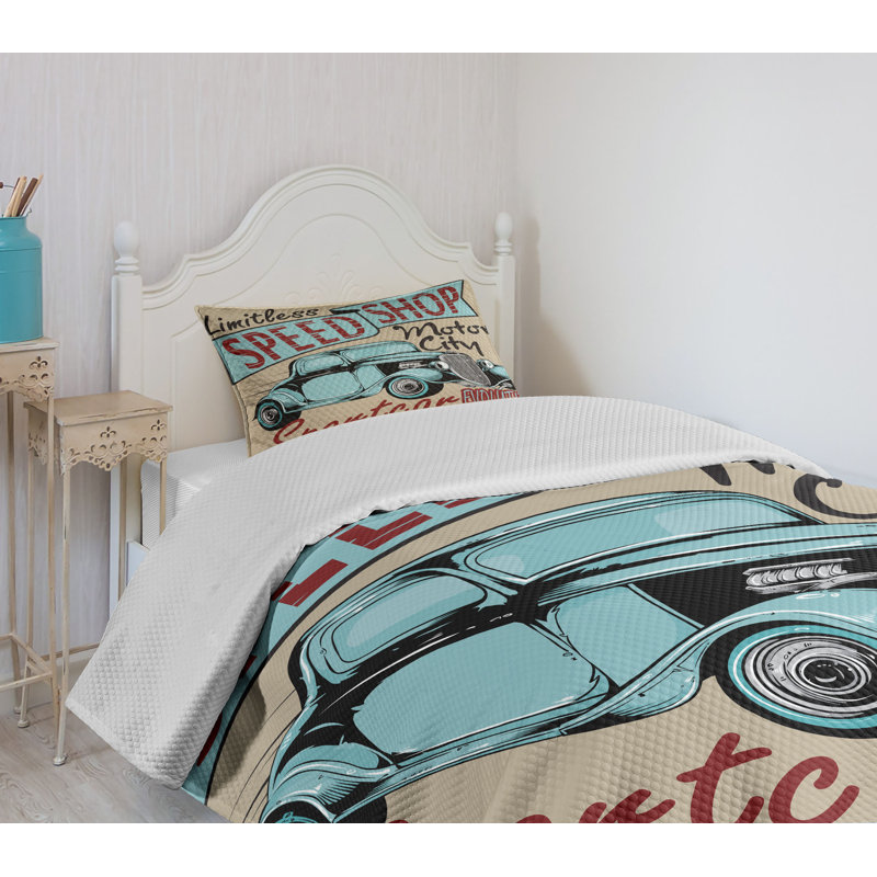 Twin White Quilted Bedspread Set with Classic Car Print