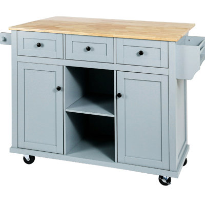 Kitchen Island With Metal Support Frame, 5 Wheels, 3 Drawers, Drop, Grey Blue For Living Cart Solid Construction & Drawers