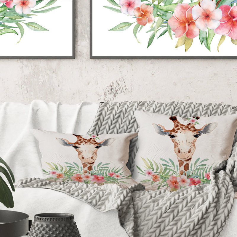 Dessin de girafe avec fleurs tropicales IV - Coussin décoratif pour enfants, 16 po x 16 po