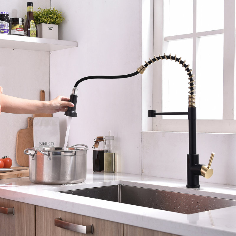 Robinet de cuisine rétractable à poignée simple avec accessoires, Noir et or