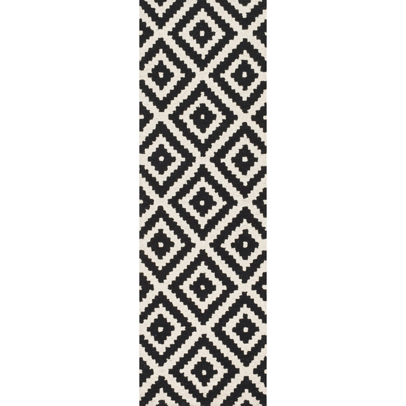 Decca Geometric Handmade Tufted Wool Black/Cream Area Rug, Runner 2'6" x 10'