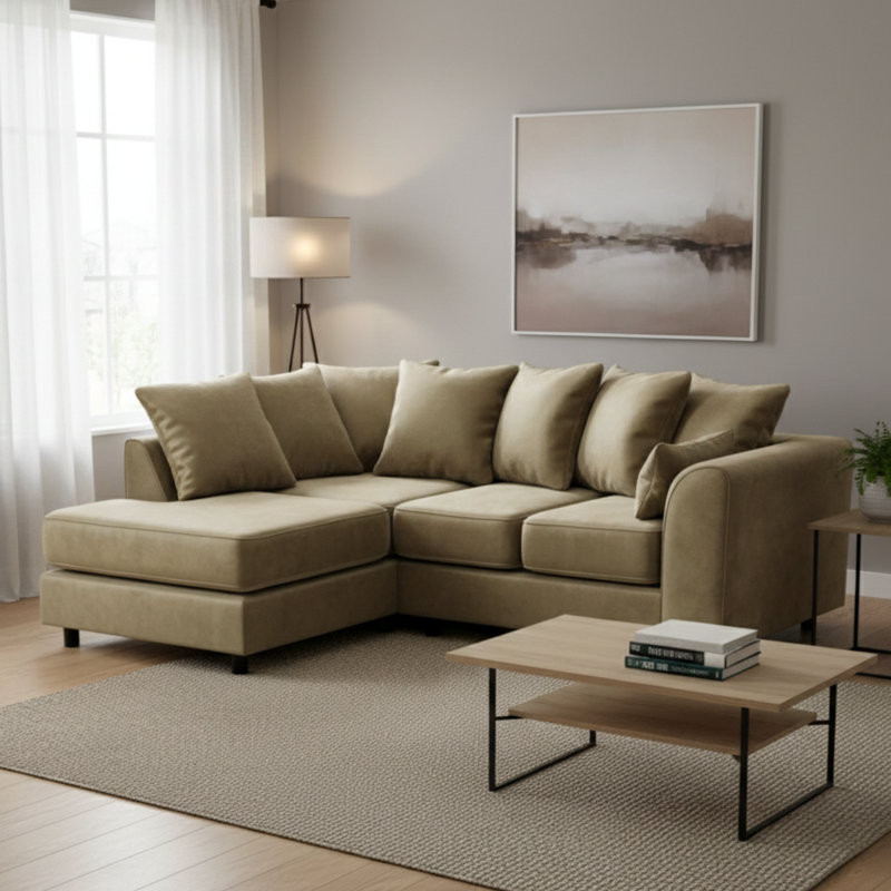 4 Seater Velvet Sofa & Chaise, Beige, Left