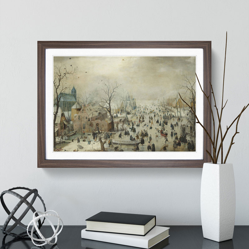Winter Landscape with Skaters by Hendrick Avercamp - Picture Frame Painting, Walnut Framed, 27cm H x 36cm W x 2cm D
