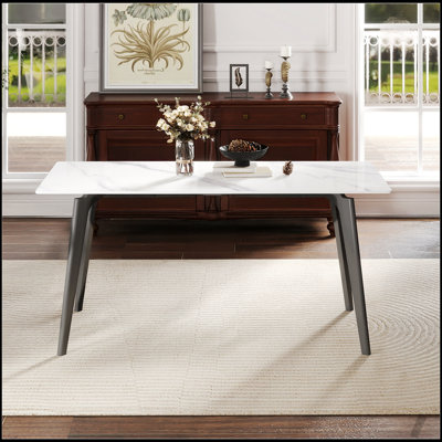 62.99 Inch Modern Artificial Stone White Straight Edge Dining Table with Dark Grey Metal Legs, Seats 6 People