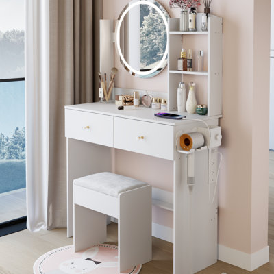 17" Round Led Mirror Vanity Table With Cushioned Stool, Adjustable Brightness 3 - Color , Touch Controlled, Built In 2 Ac + 1 Type C Charging Ports, Multi Layer Storage, American Design, White ,