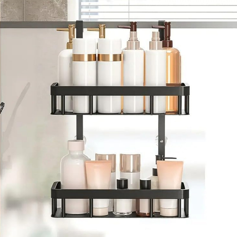 No Drill Black Rustproof Metal Over Door Shower Caddy, 2-Tier Slotted Ventilated Bathroom Storage Organizer with Raised Edge, Hanging Towel & Toiletry Rack for Shower Bathroom Cabinet Door