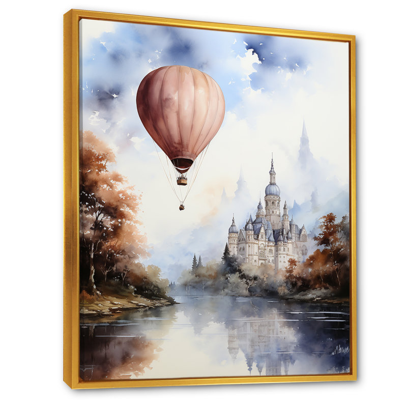 " Monochrome Castle Balloon Flight ", Gold Floater Framed, 32" H x 24" W x 1" D