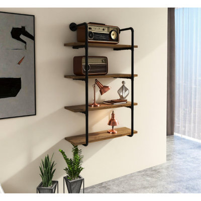 Support mural industriel flottant pour une utilisation polyvalente dans la chambre à coucher, la cuisine et la table de salle à manger. Étagères ouvertes à plusieurs niveaux, brun rustique, l 31,5 po x P 11,8 po, H 50,4 po
