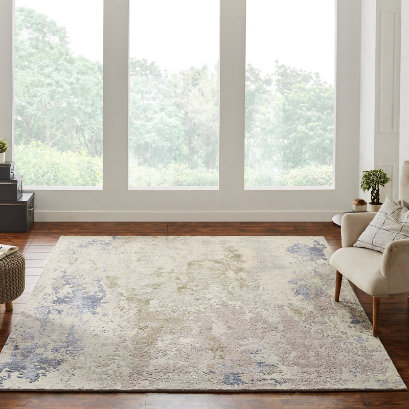 Hand Knotted Abstract Area Rug in Blue/Tan, Rectangle 2' x 3'