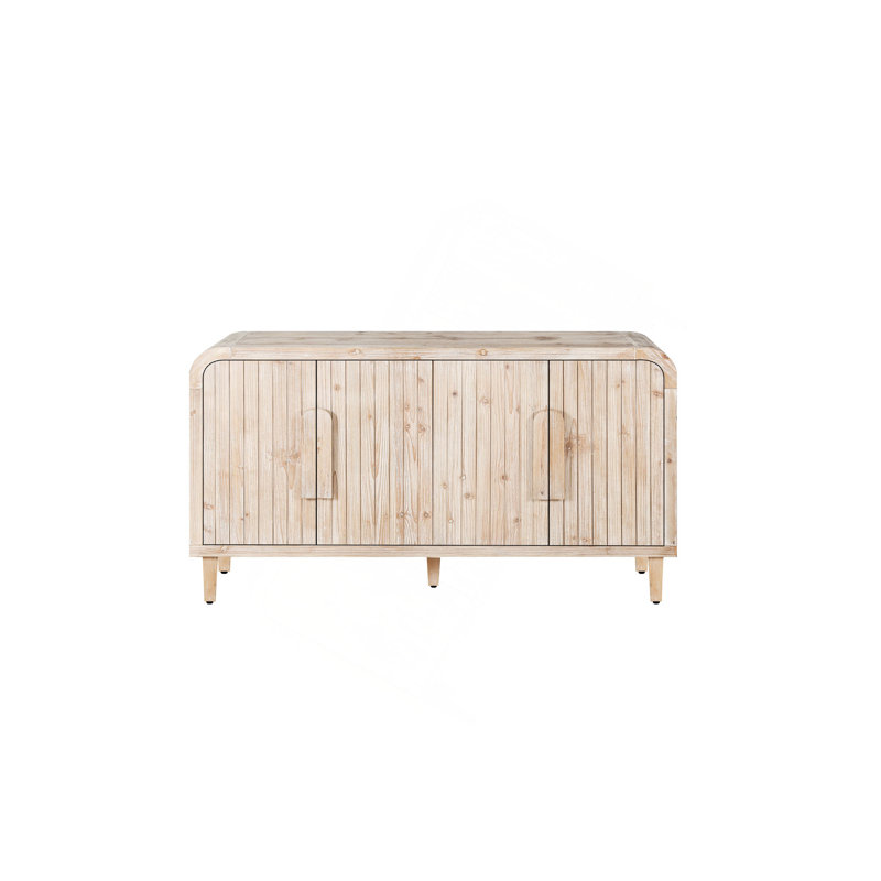 59'' Farmhouse Curved Vintage Storage Sideboard With Large Wooden Handles, Vertical Wood Grain Carving And Adjustable Shelves For Kitchen,Dining Room (Natural Wood Washed)