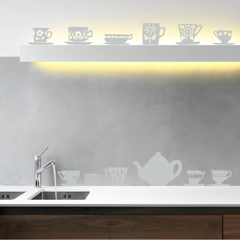 Décalcomanie murale tasses de thé, H 23 po x l 24 po x P 0,01 po, Gris clair