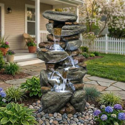 Primo Rock Waterfall Outdoor Fountain with LED Lights Cascading Resin Water Feature Freestanding Garden Fountain