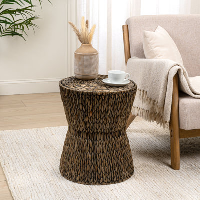 Natura 19" Bohemian Handwoven Brown Water Hyacinth Round Accent Side Table, Hourglass Woven End Table with Sturdy Metal Frame