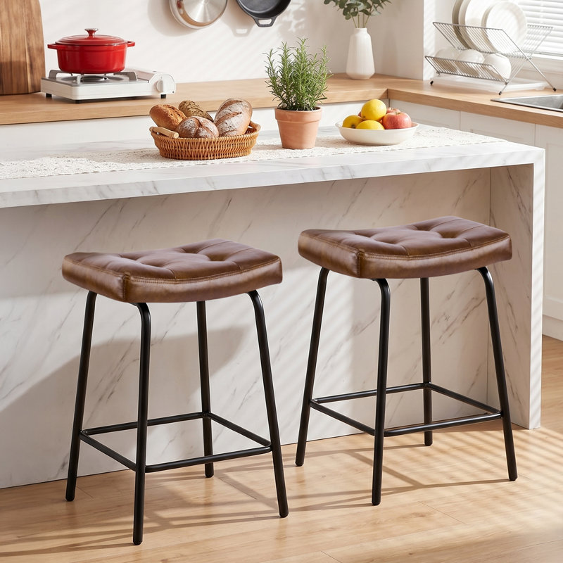 25.5''H Faux Leather Counter Stools for Kitchen Island Set of 2, Backless Saddle Counter Height Bar Stools with Metal Frame & Footrest, Yellow Brown