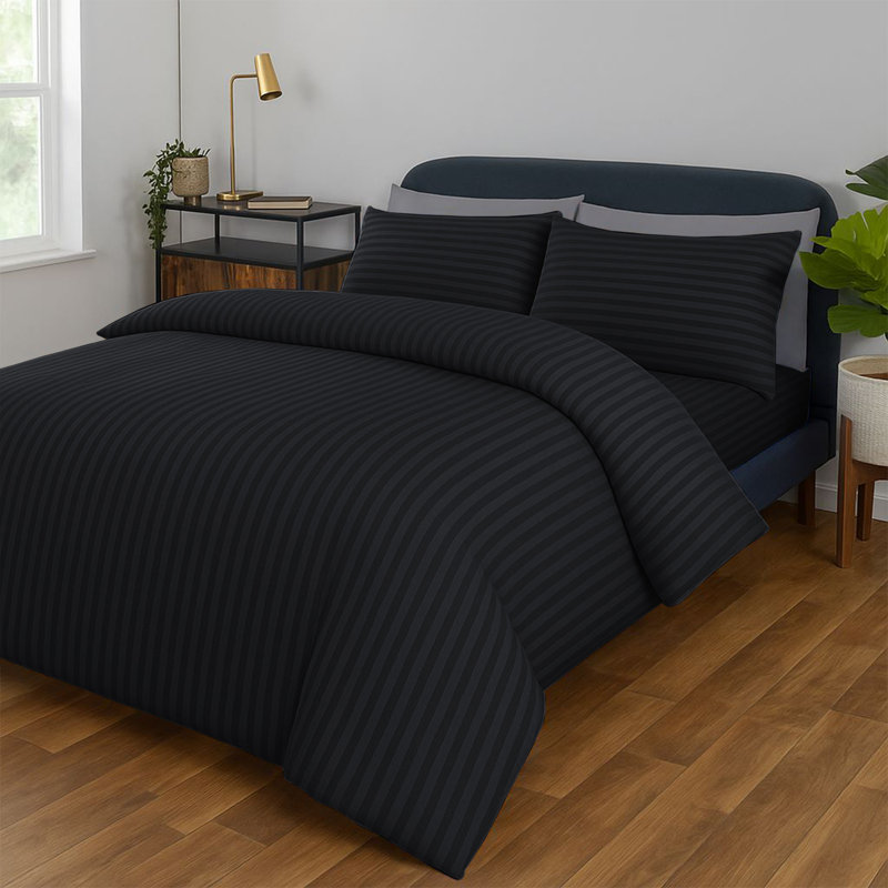 Classic Stripe Microfiber Duvet Set, 4-Piece With Fitted Sheet & Pillowcases, Black Striped