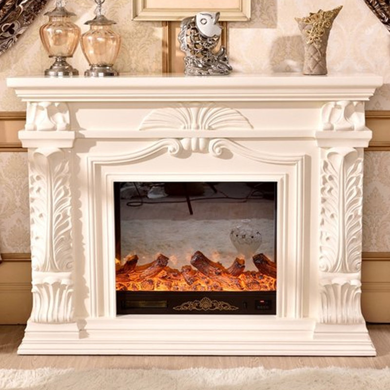 Beige Solid Wood Electric Fireplace, Beige