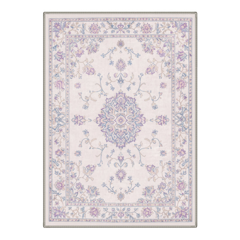 Abadou Floret Vintage Floral Medallion Machine Washable Beige / Blue Indoor Area Rug with Non-Slip Backing, Lavender