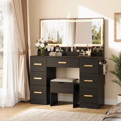 Bureau de meuble-lavabo avec grand miroir et lumières, bureau de maquillage 45,9 po, 3 modes d'éclairage à luminosité réglable, table de coiffeuse avec prise de courant et 8 tiroirs, pour salle d'eau et chambre à coucher