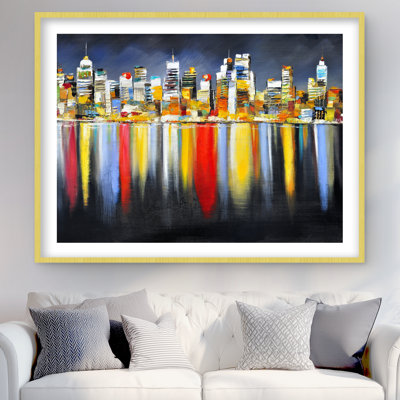 «Colorful Reflection of Cityscape by Night», reproduction encadrée