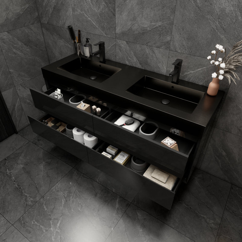Ensemble de meuble-lavabo double mural 59 po Golitz, Noir lustré
