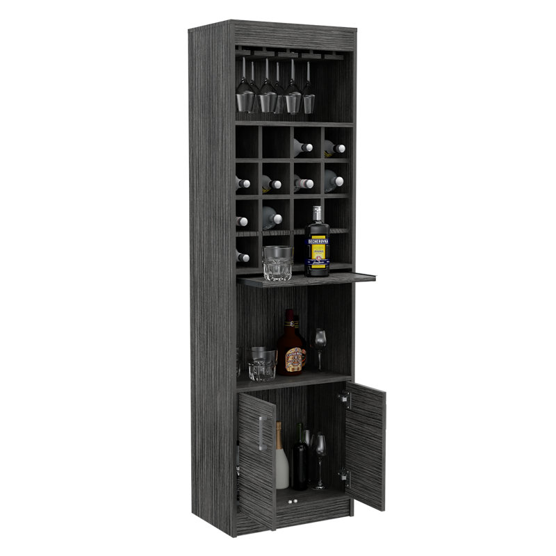 Armoire de bar haute de 71 po avec 16 casiers, tablette, plateau dissimulable et double porte Kava, Chêne fumé